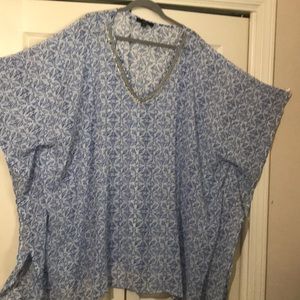 Light Blue & White Sheer Blouse w/ Crystal Beaded V-neck